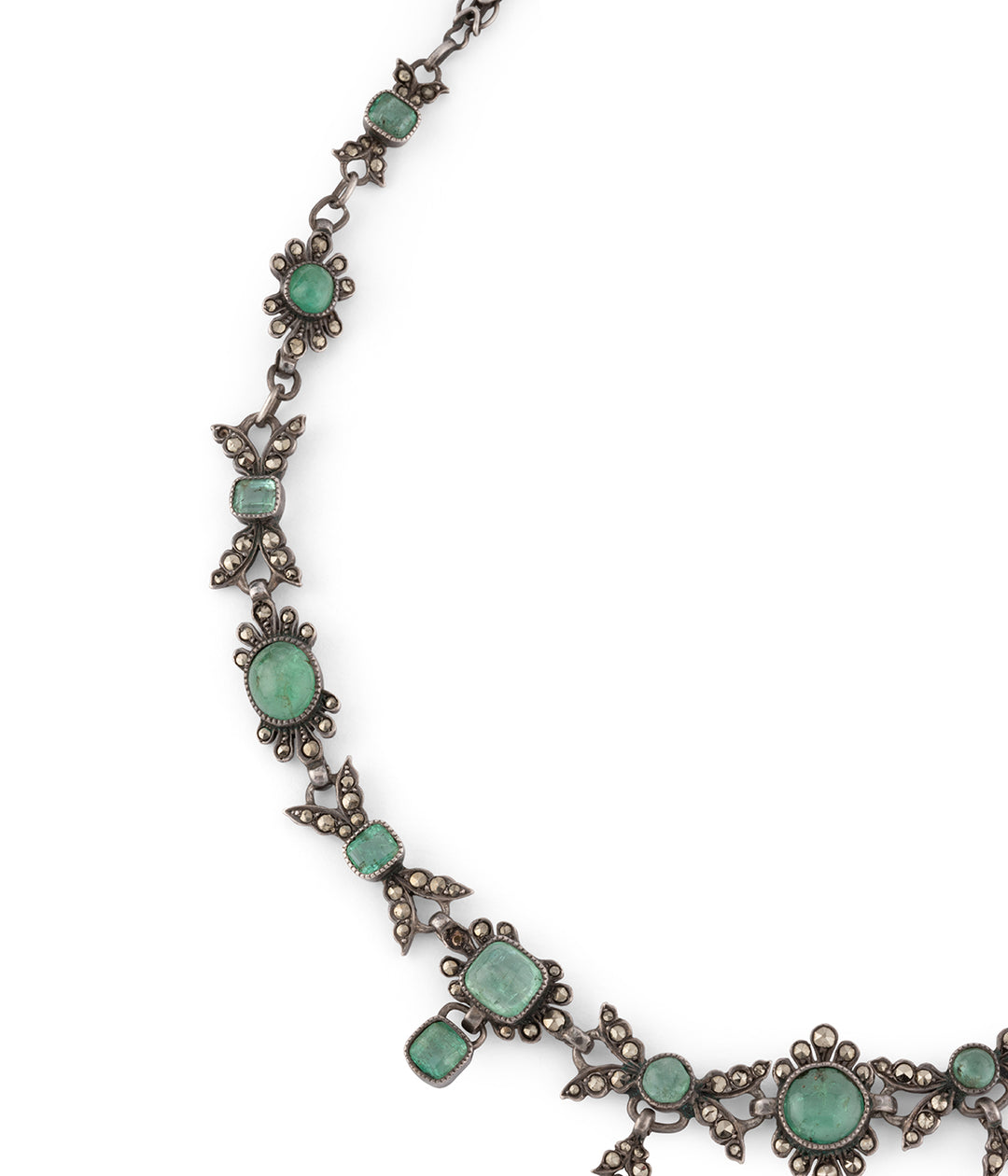 Antique drapery necklace silver emeralds  "Aato" - Caillou Paris