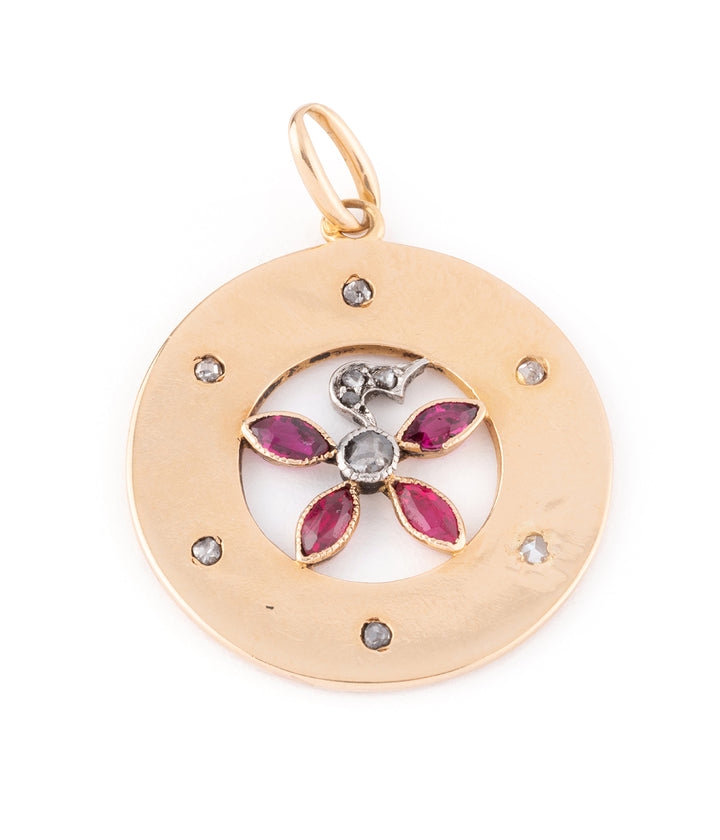 Antique flower pendant ruby gold "Joz" - Caillou Paris