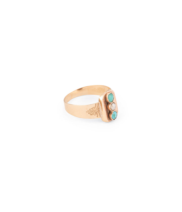 Bague Napoléon III turquoises et perle en or rose "Tieriu" - Caillou Paris