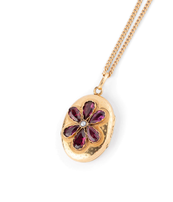 Pendentif porte-souvenir ancien en or et grenat "Abelia" - Caillou Paris
