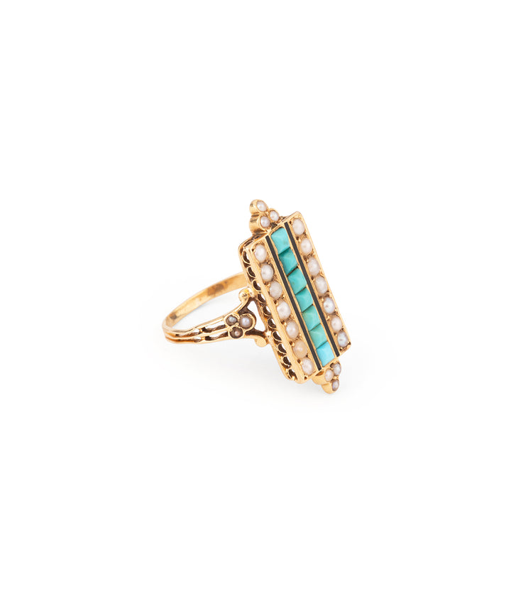 Victorian gold ring turquoise pearls "Gaelle" - Caillou Paris
