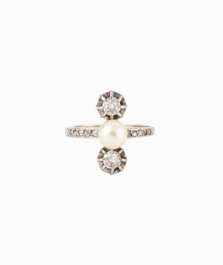 Caillou Paris - Bague ancienne perle et diamants Nida face