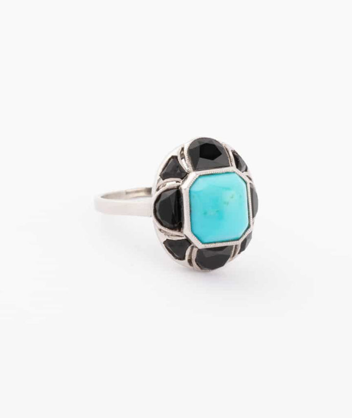 Caillou Paris Bague Ancienne Turquoise Et Onyx Gilen Droite