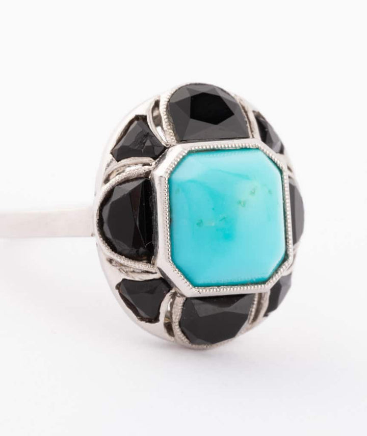 Caillou Paris Bague Ancienne Turquoise Et Onyx Gilen Gros Plan 1