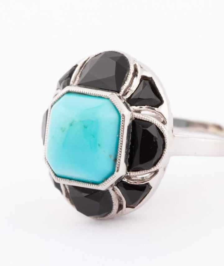 Caillou Paris Bague Ancienne Turquoise Et Onyx Gilen Gros Plan 2
