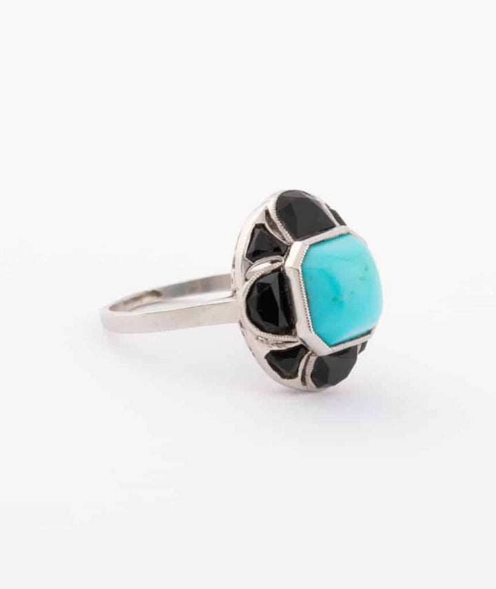 Caillou Paris Bague Ancienne Turquoise Et Onyx Gilen Profil Droit