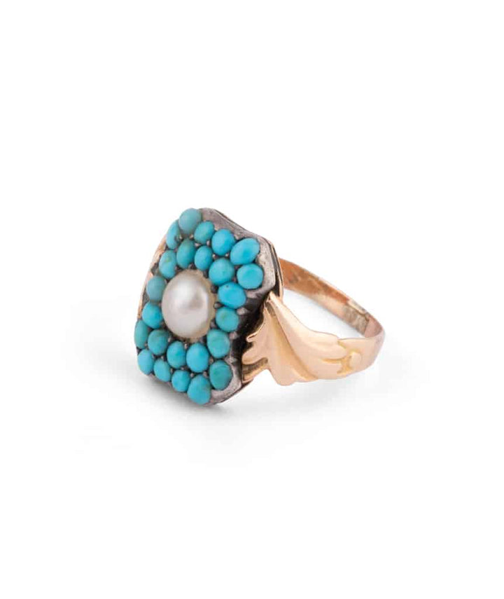 Caillou Paris Bague Ancienne Turquoise Et Perle Lizette Gauche