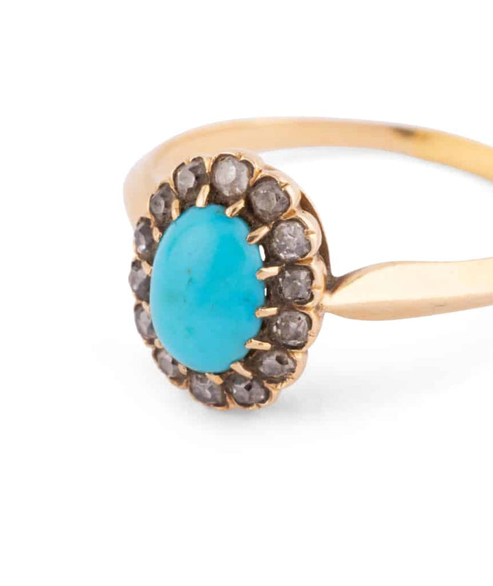 Caillou Paris Bague Marguerite Ancienne Turquoise Et Diamants Elme Gros Plan