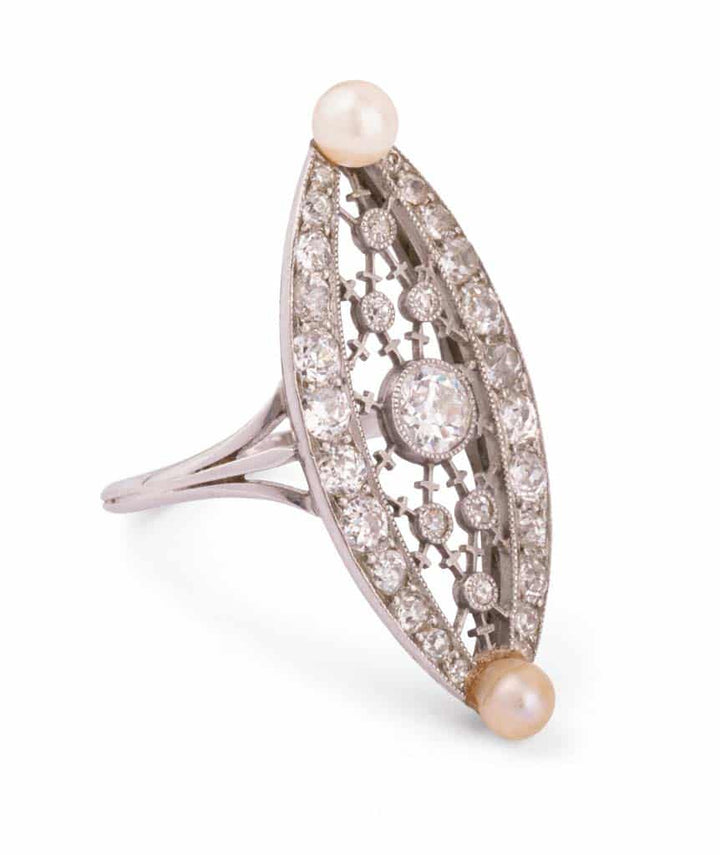 Caillou Paris Bague Marquise Ancienne Diamants Et Perles Tilda Droite