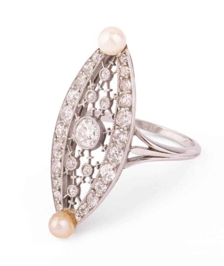 Caillou Paris Bague Marquise Ancienne Diamants Et Perles Tilda Gauche