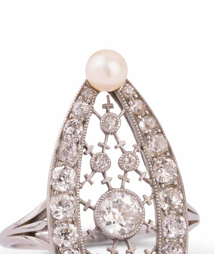 Caillou Paris Bague Marquise Ancienne Diamants Et Perles Tilda Gros Plan Haut