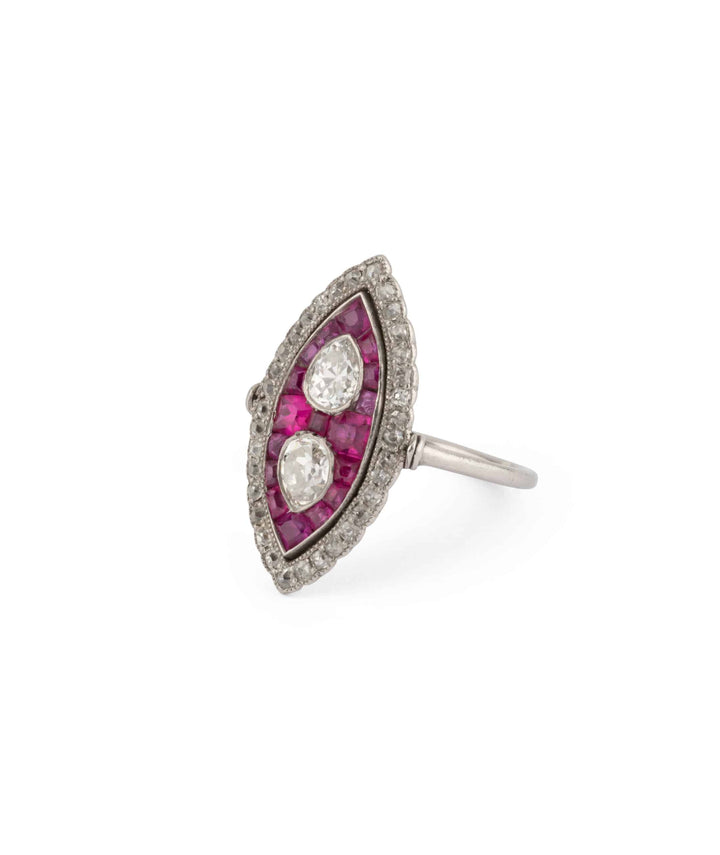 Caillou Paris Bague Marquise Ancienne Diamants Et Rubis Guro Gauche