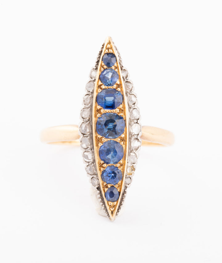 Caillou Paris Bague Marquise Ancienne Diamants Et Saphirs Bernie Gros Plan 1
