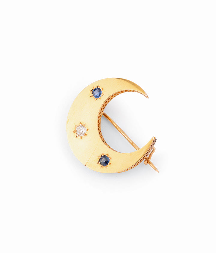 Ancienne broche croissant de lune diamants et saphirs "Polin" - Caillou Paris