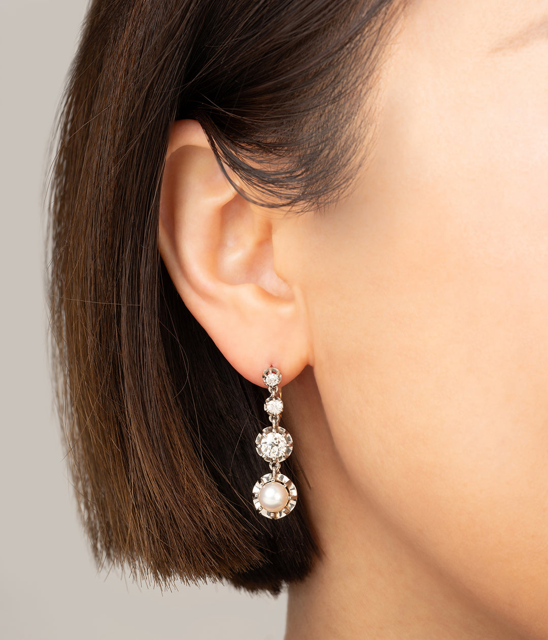 Boucles d'oreilles anciennes en diamants et perles "Harmina"