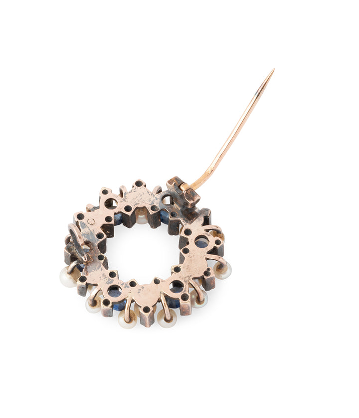 Antique-brooch-18k-gold-pearls-sapphires-Joska