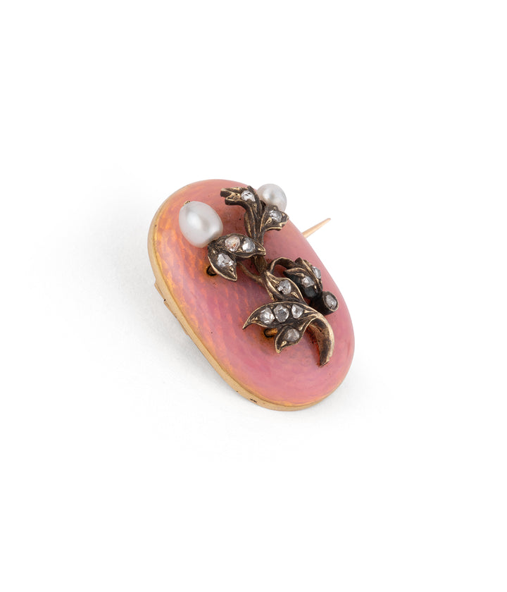 Antique gold brooch pink enamel, diamonds and pearls "Nurya" - Caillou Paris