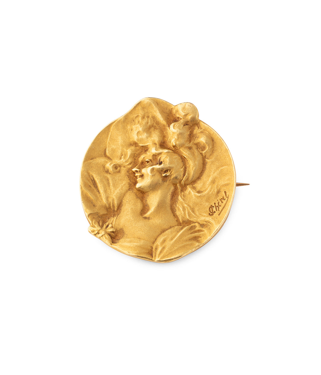 Art-nouveau-gold-brooch-Jules-Cheret-Vyasa-Caillou-Paris
