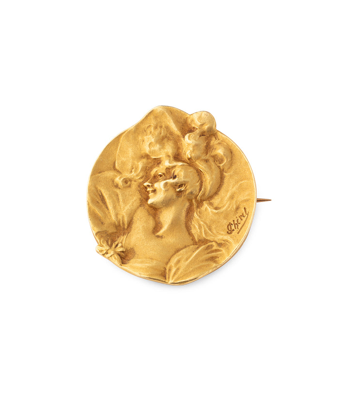 Art-nouveau-gold-brooch-Jules-Cheret-Vyasa-Caillou-Paris
