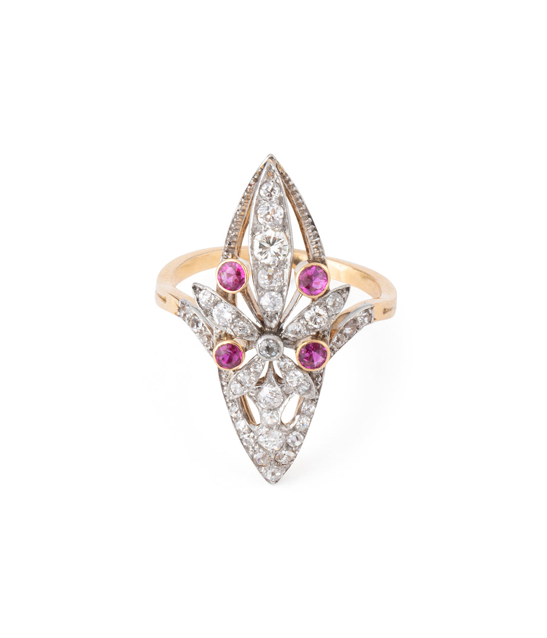 Bague-ancienne-feuille-diamants-rubis-Kian-Caillou-Paris