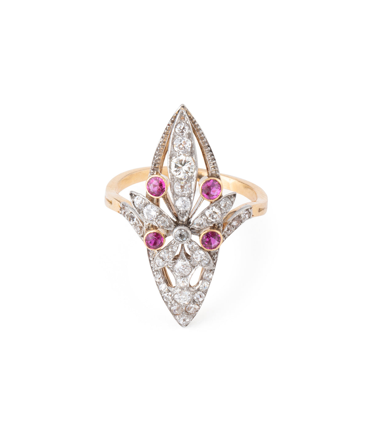 Bague-ancienne-feuille-diamants-rubis-Kian-Caillou-Paris