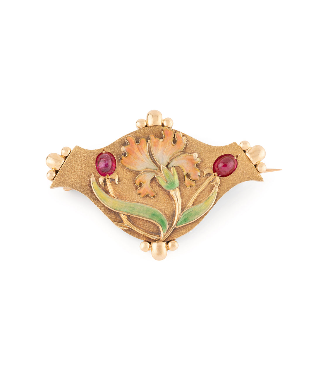 Cartier Broche fleur en or jaune avec saphirs, rubis et diamants sur Cartier Broche fleur en or jaune avec saphirs, rubis et diamants sur
