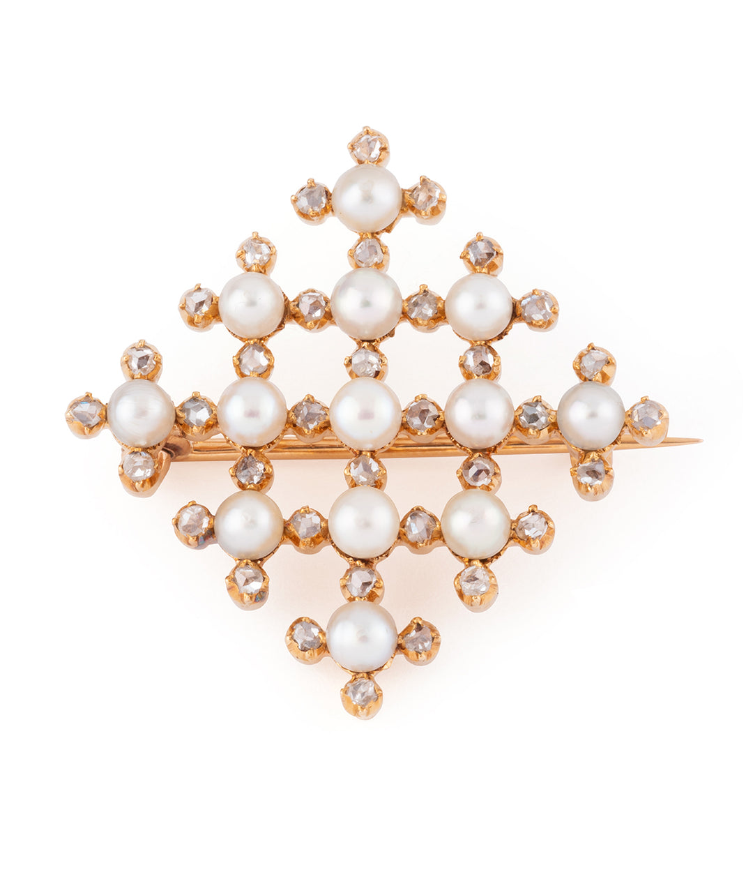 Broche ancienne carrée en or, perles et diamants "Haro" - Caillou Paris