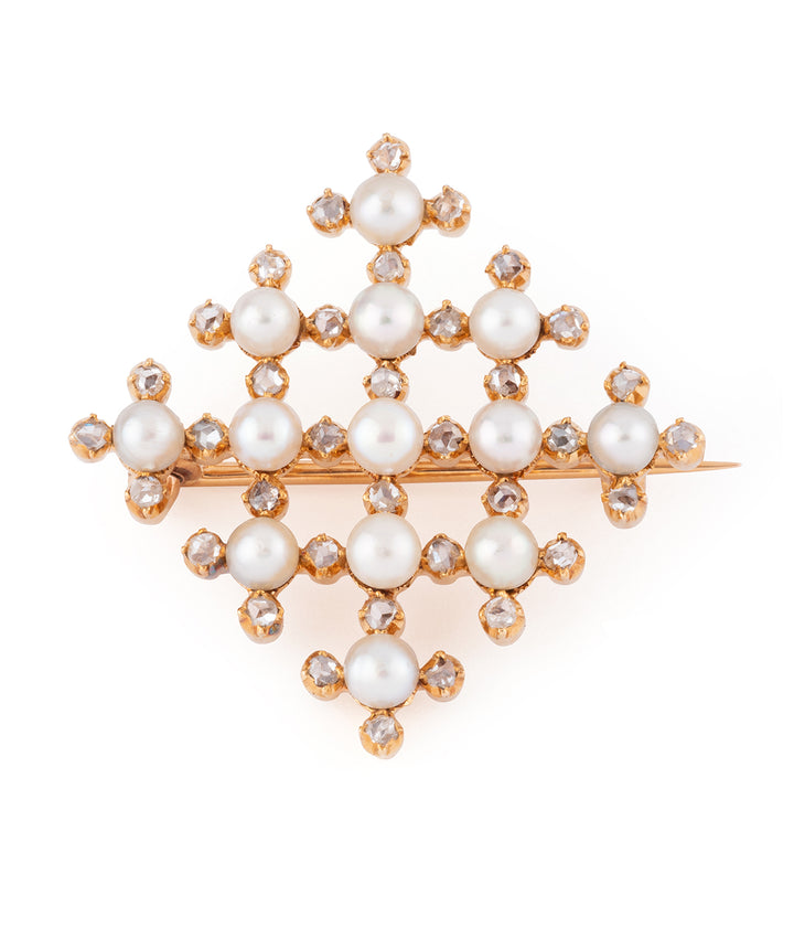 Broche ancienne carrée en or, perles et diamants "Haro" - Caillou Paris