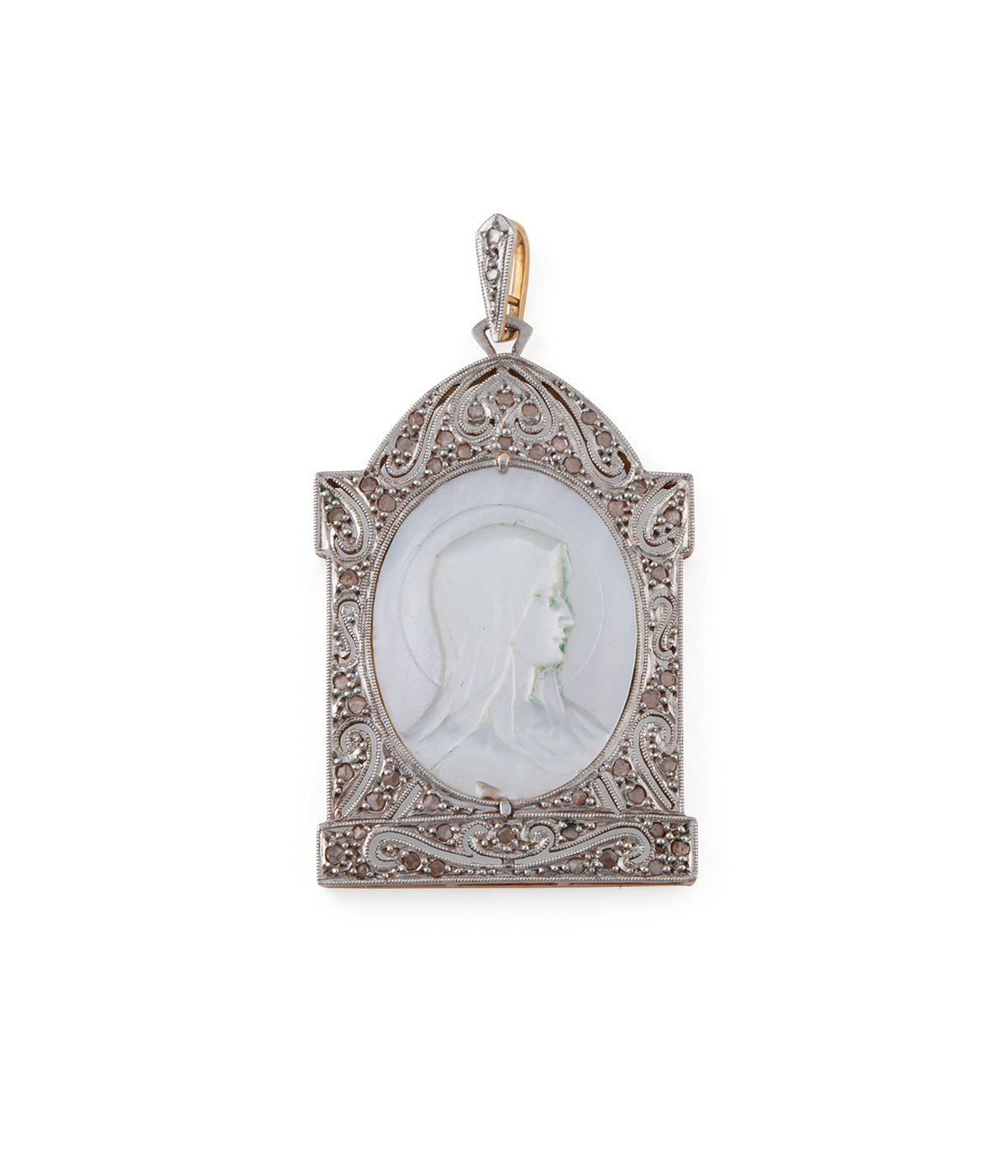 Medaille-religieuse-ancienne-vierge-nacre-Riou-Caillou-Paris