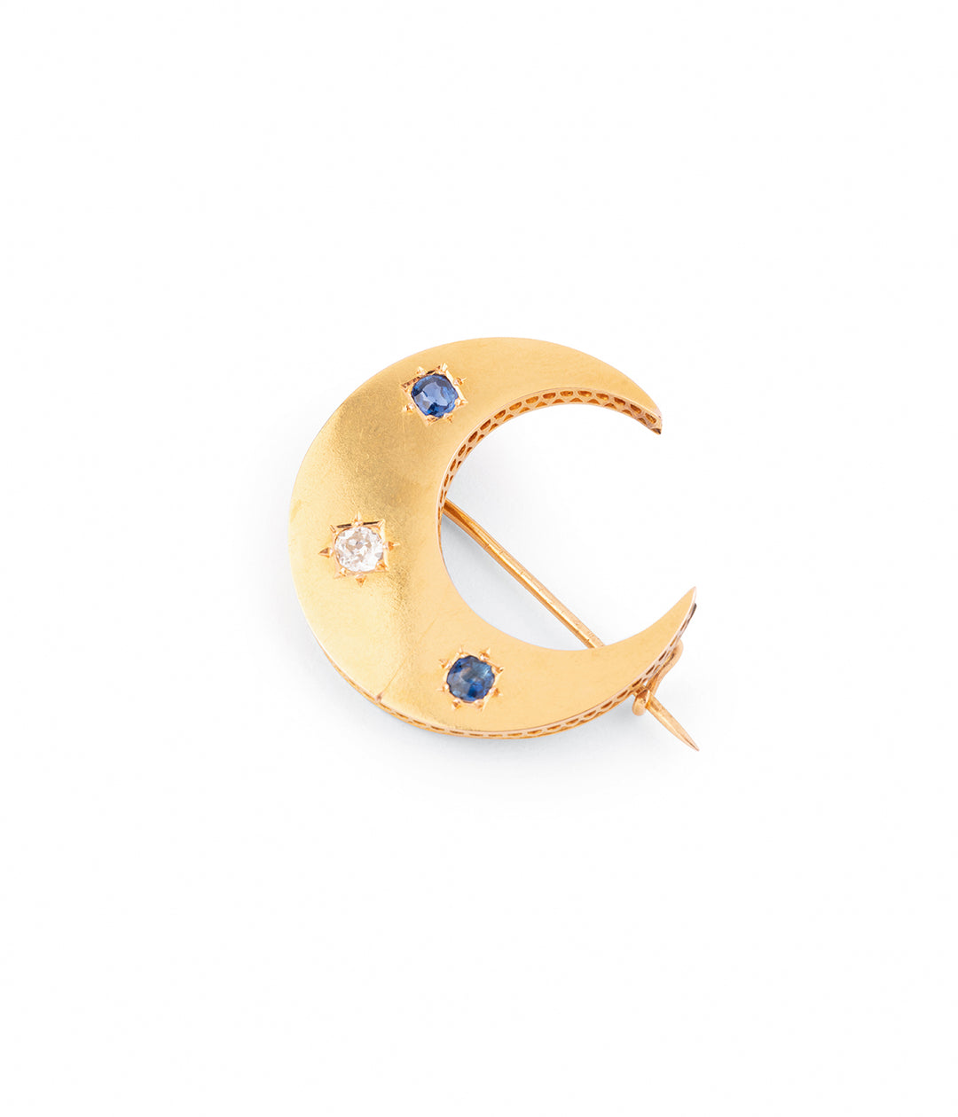 Victorian Diamond Sapphire Crescent Moon Brooch "Polin" - Caillou Paris