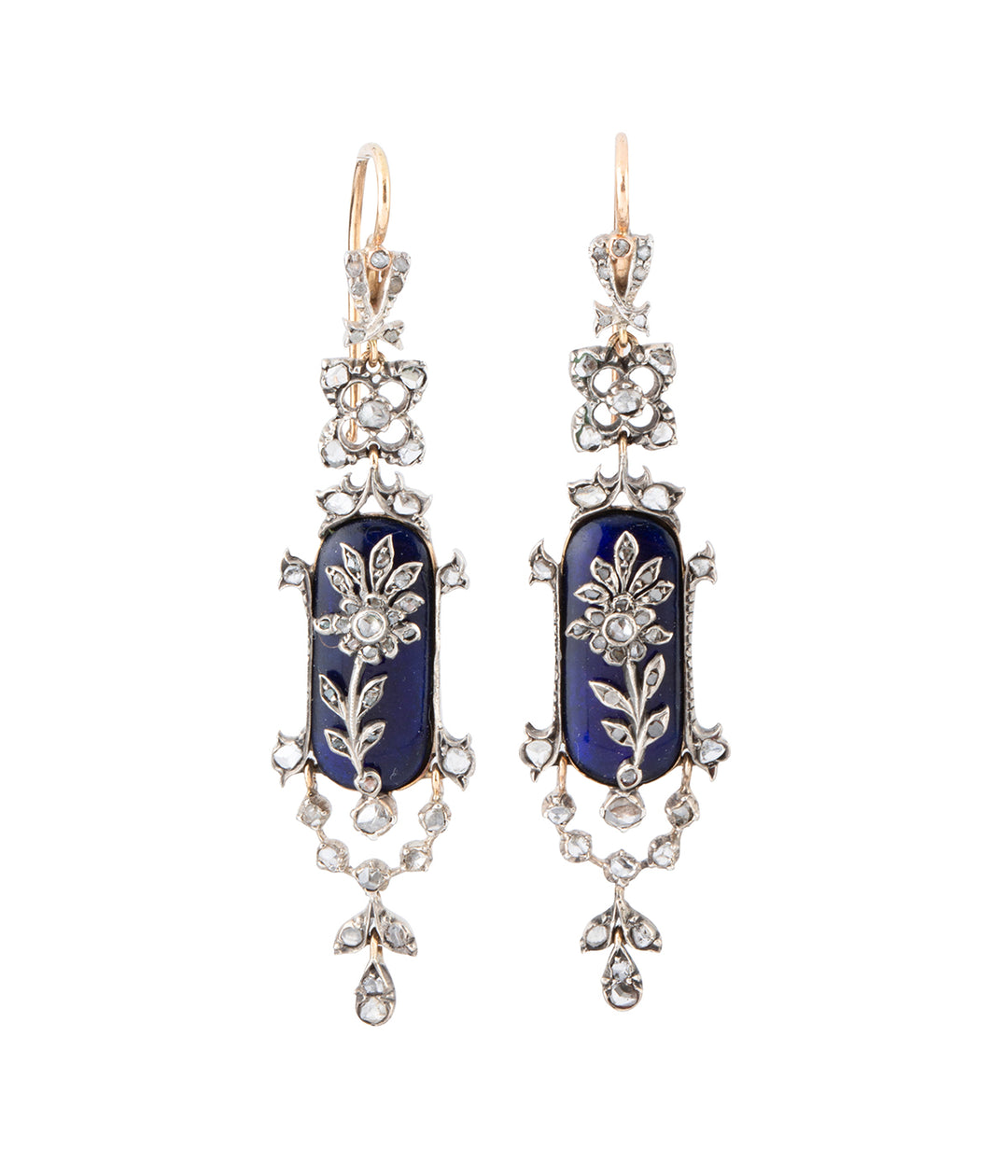 Victorian-gold-earrings-blue-enamel-diamonds-Saria-Caillou-Paris