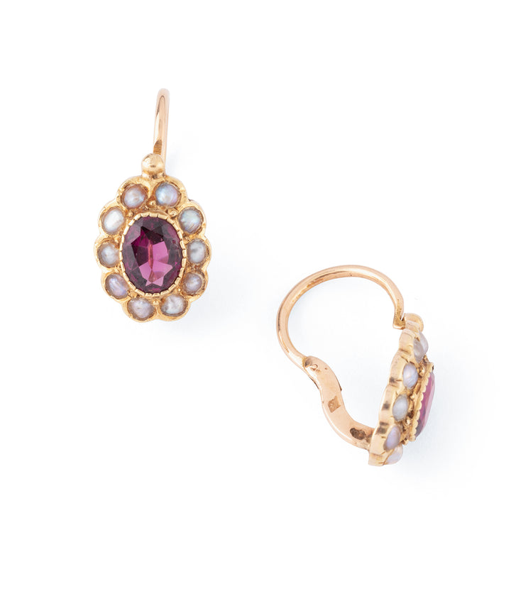 Victorian gold earrings garnet pearls "Cavan" - Caillou Paris