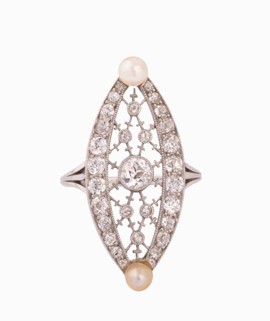 Caillou Paris Bague Marquise Ancienne Diamants Et Perles Tilda