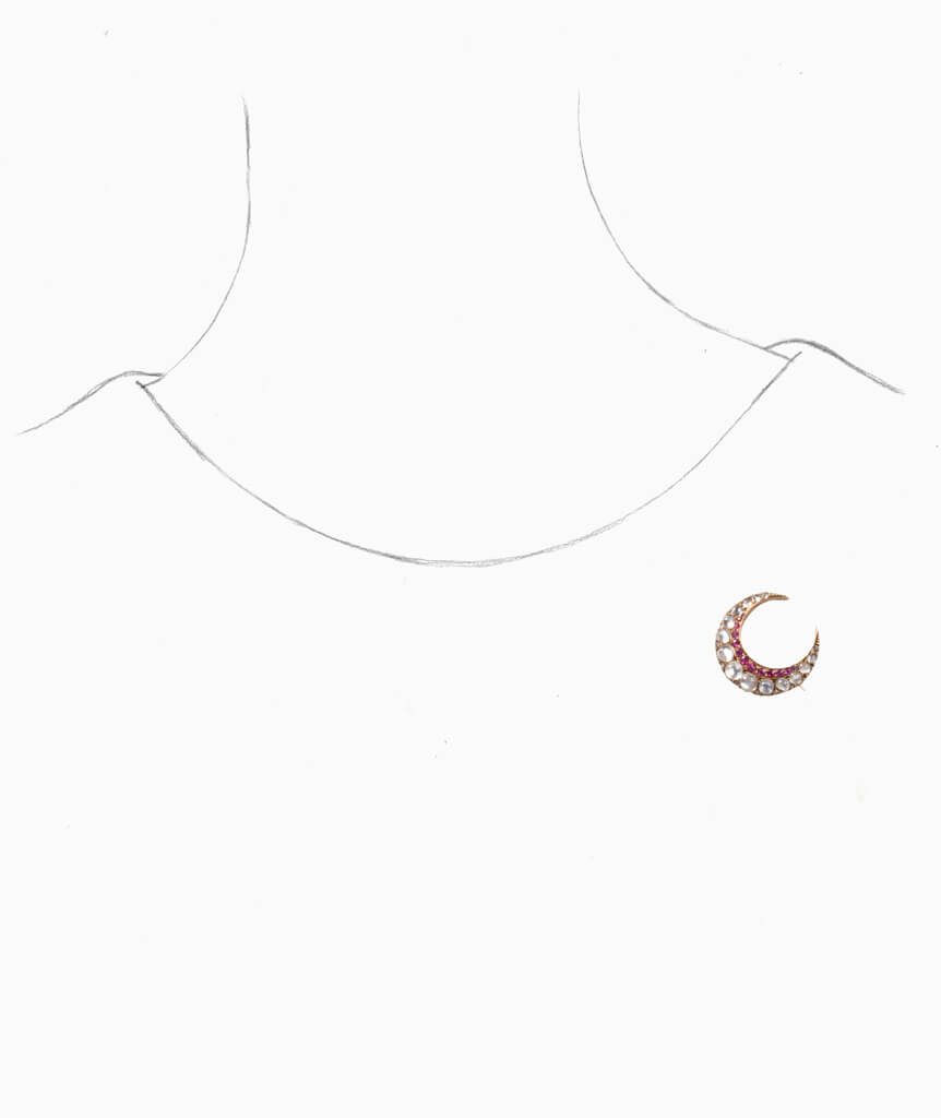 Caillou Paris - Broche ancienne rubis et pierre de lune Prossia porter