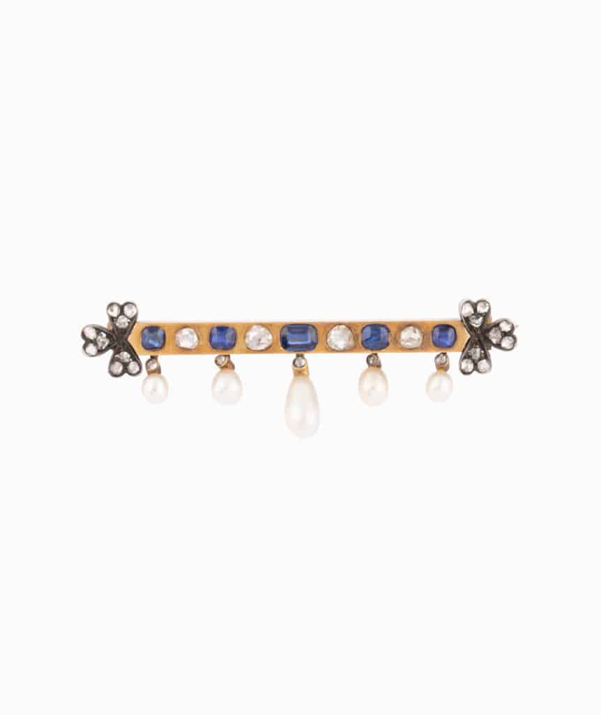 Broche Barette Ancienne en Deux Tons d'Or Perle et Diamants Broche Barette Ancienne en Deux Tons d'Or Perle et Diamants